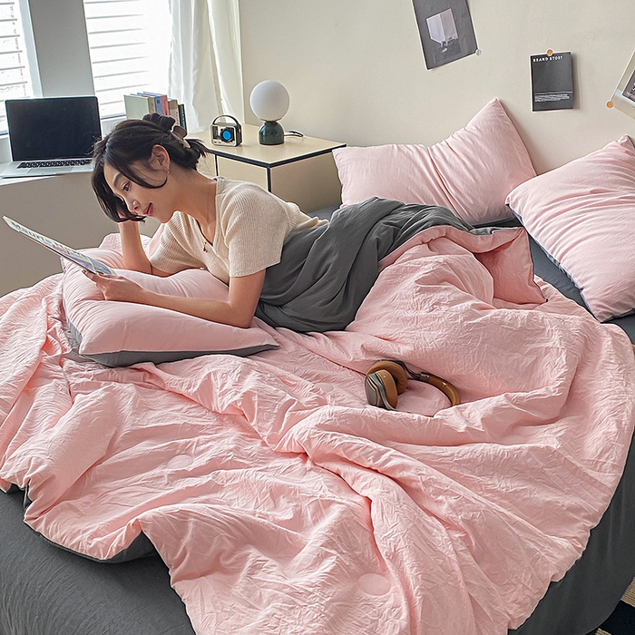 91家纺网 家纺一手货源 找家纺 益多眠 2026新款水洗棉夏被四件套 少女+深灰