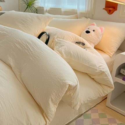 91家纺网 家纺一手货源 找家纺 韩巢家纺 2025新款ins日式风超柔水洗棉四件套 -纯色（提供卖家秀） 水洗棉奶黄