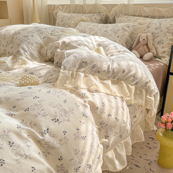 91家纺网 家纺一手货源 找家纺 芯贝儿 2025新款提花针织水洗m双层纱床盖四件套 漫塔玫瑰