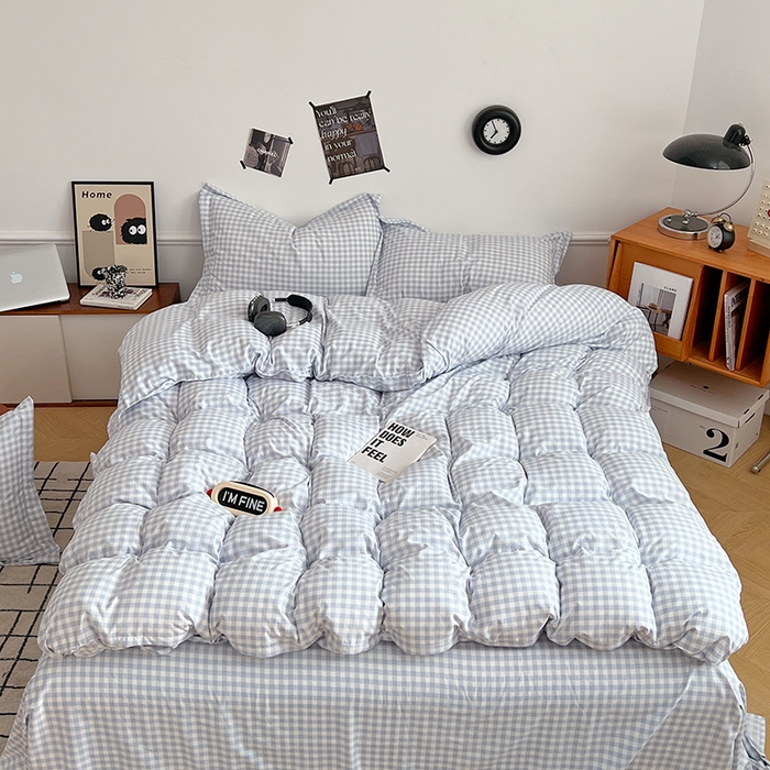 91家纺网 家纺一手货源 找家纺 罗菲尼酒店用品 2025新款磨毛亲肤飞边款四件套 蓝白小格