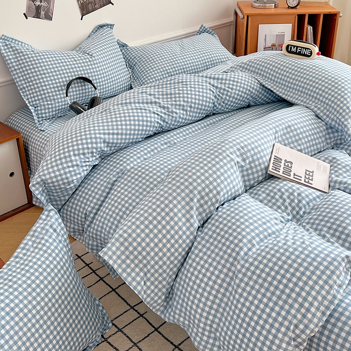 91家纺网 家纺一手货源 找家纺 罗菲尼酒店用品 2025新款磨毛亲肤飞边款四件套 蓝小格