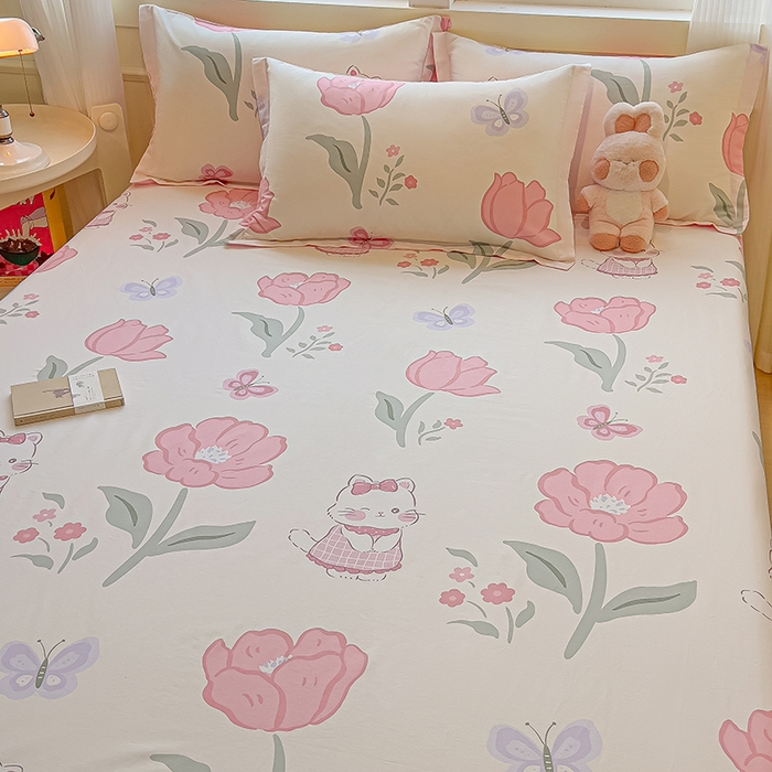 91家纺网 家纺一手货源 找家纺 拾物记 2025新款A类无荧光全喷气全棉12868单床单 花欣猫趣-粉