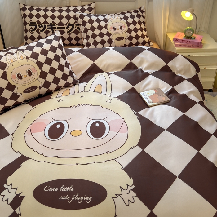 91家纺网 家纺一手货源 找家纺 摩卡（乐趣） 2025新款水洗真丝数码印花卡通兔系列四件套 菱形兔