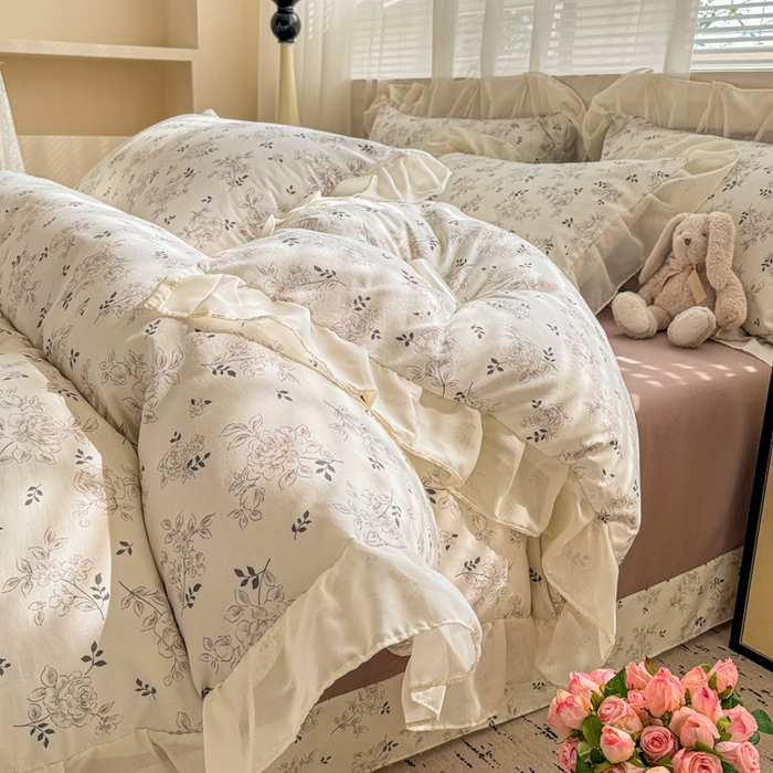 91家纺网 家纺一手货源 找家纺 芯贝儿 2025新款提花针织水洗m双层纱床盖四件套 漫塔玫瑰