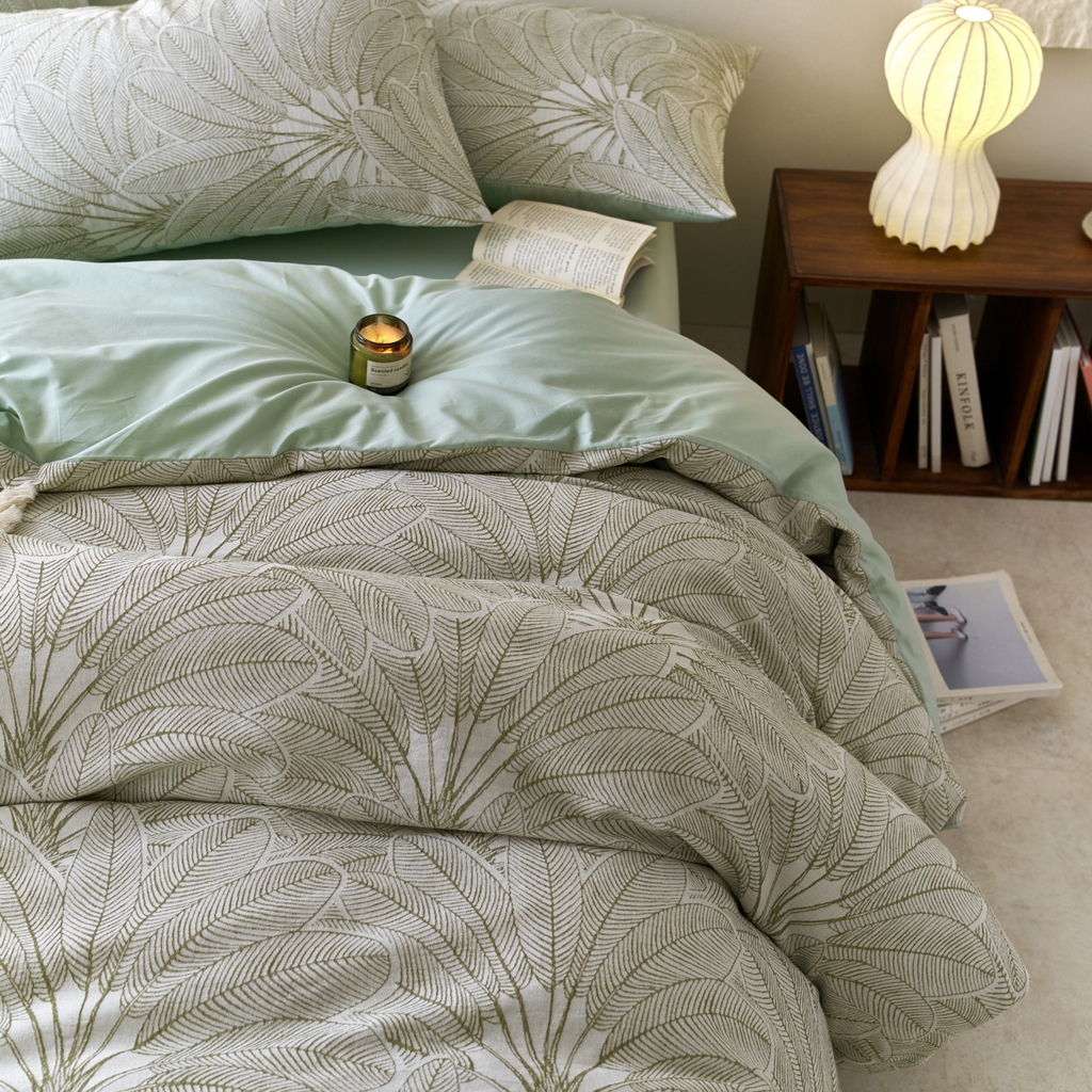 91家纺网 家纺一手货源 找家纺 金丝鸟2025新款全棉纯棉三层纱提花四件套 耶鲁斯绿