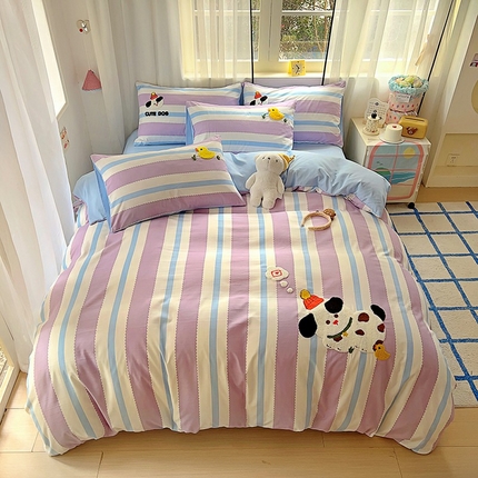 春光里  2025新款舒适水洗棉印花毛巾绣四件套 帽子狗（紫条）