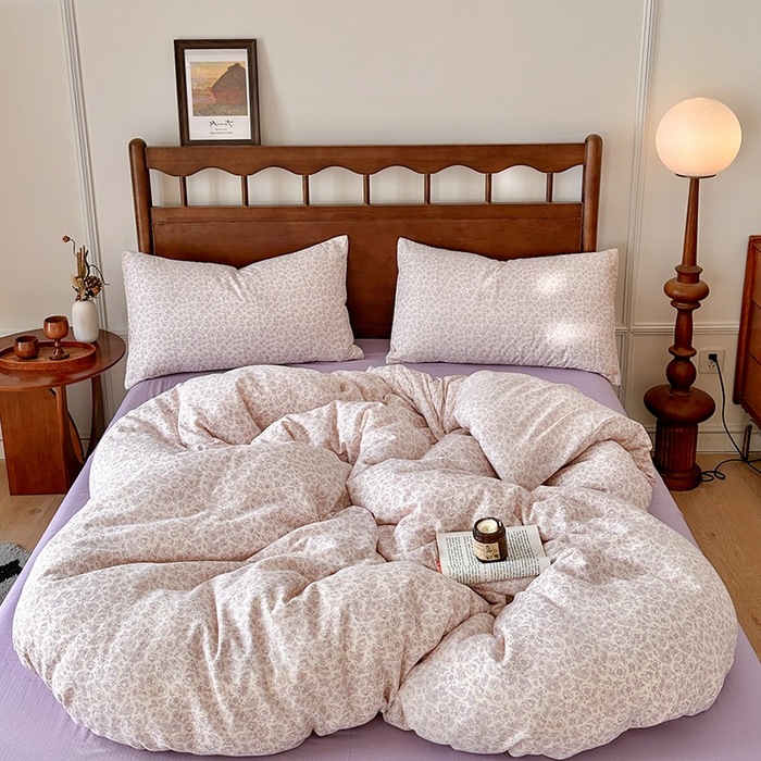 91家纺网 家纺一手货源 找家纺 吉象2025新款全棉双层纱四件套 蔷薇花露-紫