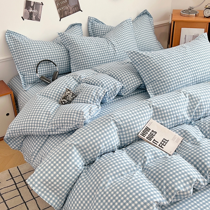 91家纺网 家纺一手货源 找家纺 罗菲尼酒店用品 2025新款磨毛亲肤飞边款四件套 蓝小格