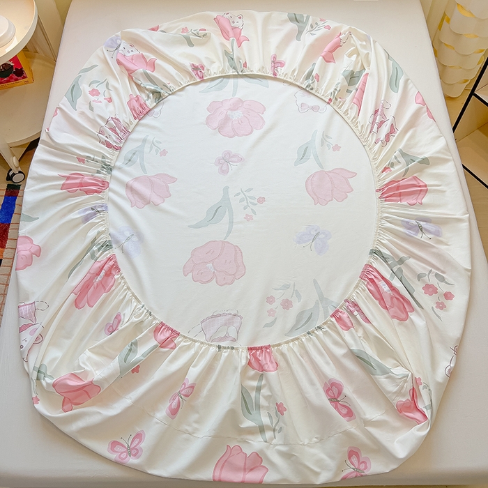 91家纺网 家纺一手货源 找家纺 拾物记 2025新款A类无荧光全喷气全棉12868单床笠 花欣猫趣-粉