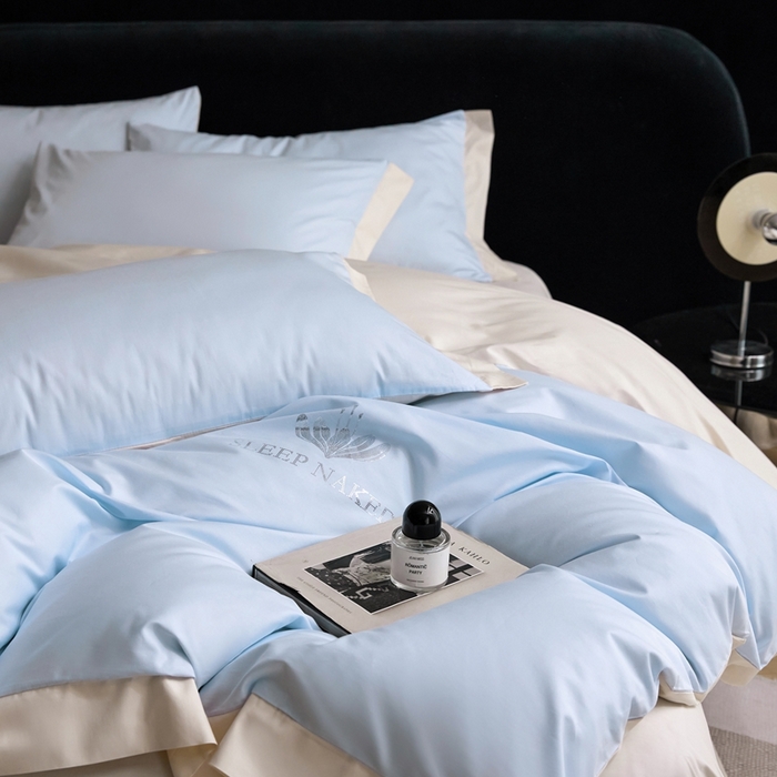 91家纺网 家纺一手货源 找家纺 金奇达家纺 2025春夏新款【特洛伊】红金裸盖™棉全棉纯棉红金裸盖棉四件套标准号全网控价（折后券后）不低于199元） 特洛伊-湖蓝