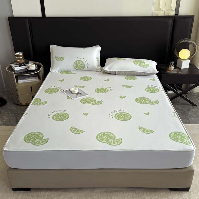 91家纺网 家纺一手货源 找家纺 2025新款印花冰丝凉席反面无纺布 冰丝-床笠款-青柠檬