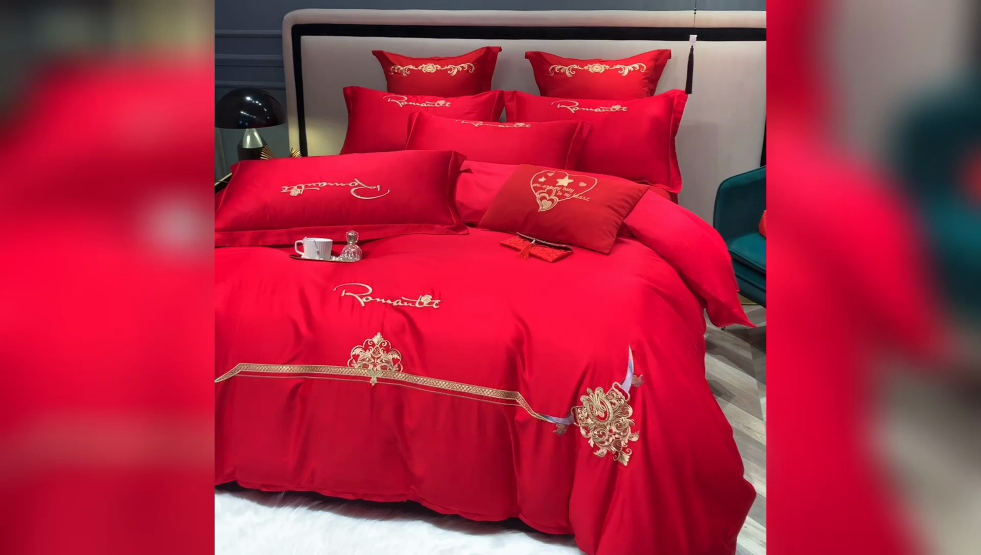 91家纺网 家纺一手货源 找家纺 慕她家纺 慕她婚庆四件套大红色磨毛亲肤棉刺绣结婚工艺款床上用品 爱的约定