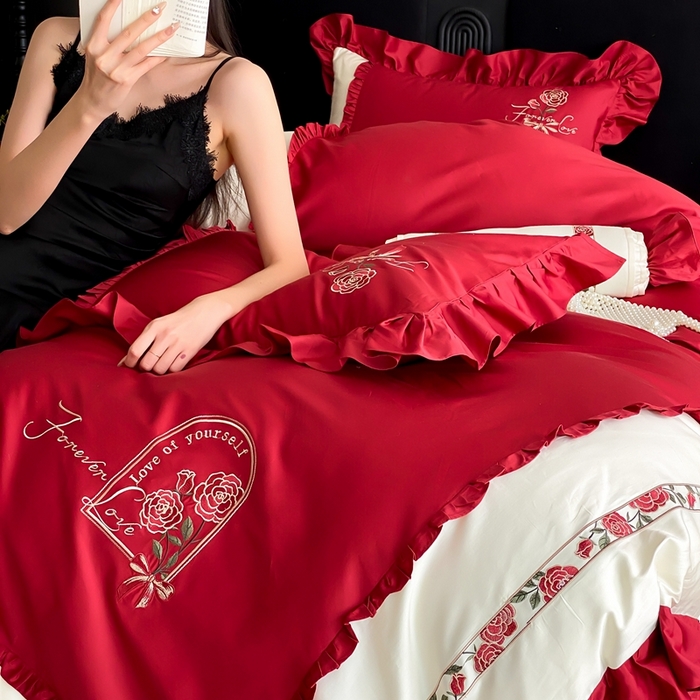 91家纺网 家纺一手货源 找家纺 MIU缪家居 2025新款100支全棉四件套-洛丽塔 洛丽塔-红