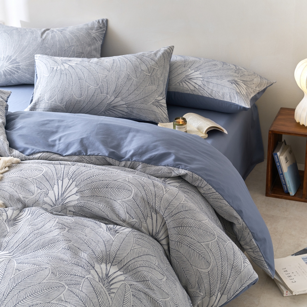 91家纺网 家纺一手货源 找家纺 金丝鸟2025新款全棉纯棉三层纱提花四件套 耶鲁斯蓝