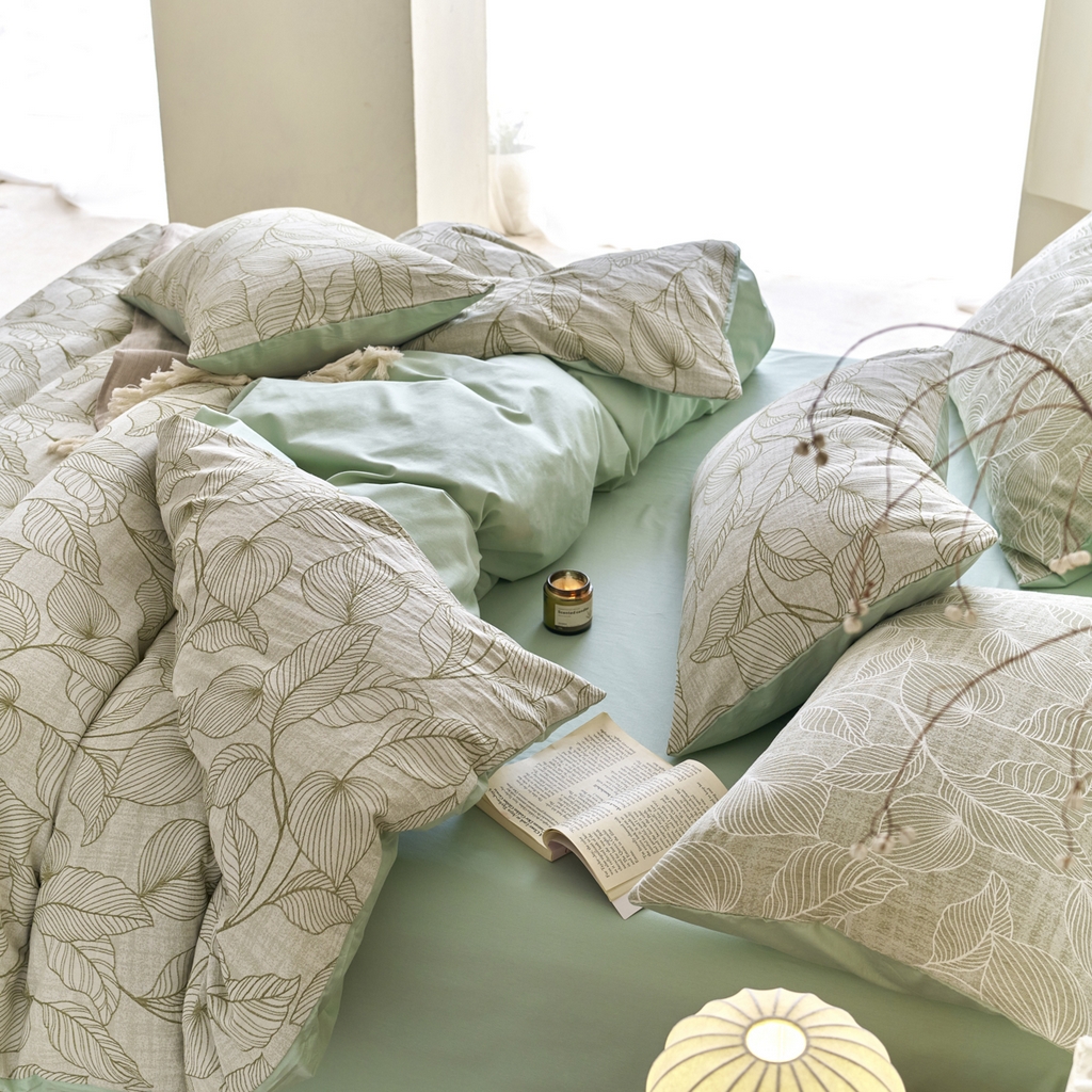 91家纺网 家纺一手货源 找家纺 金丝鸟2025新款全棉纯棉三层纱提花四件套 小叶雨林 绿