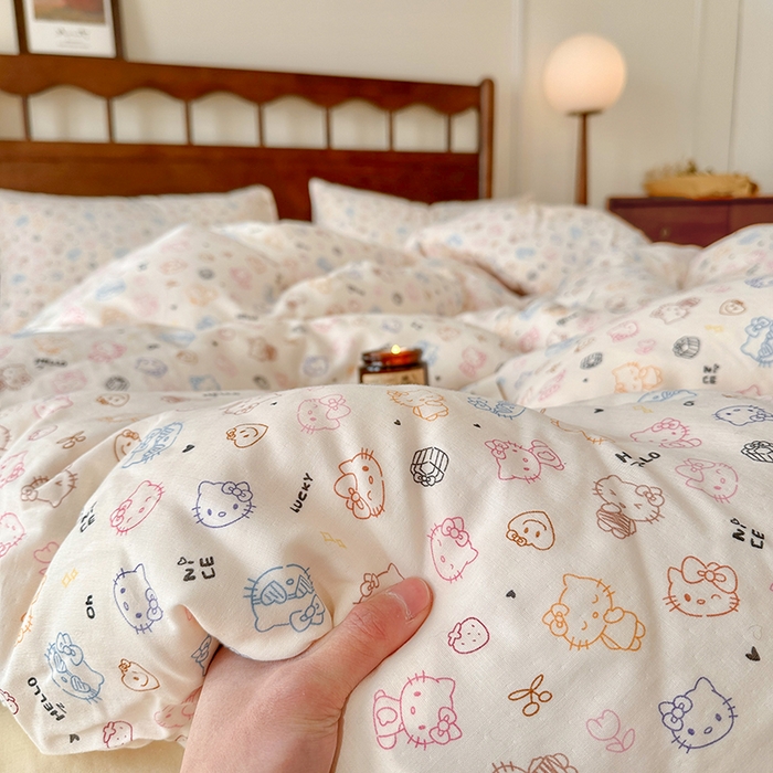 91家纺网 家纺一手货源 找家纺 吉象2025新款全棉双层纱四件套 幸运猫咪