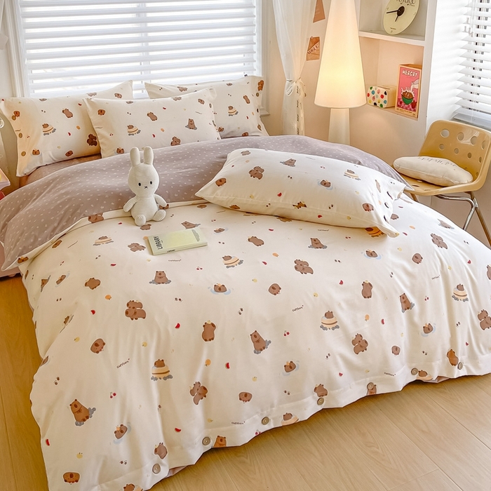 91家纺网 家纺一手货源 找家纺 星窝家纺 2025新款纽扣款水洗棉印花四件套 嘟嘟熊