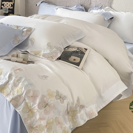 春夏A类长绒棉夹棉床盖床笠四件套全棉纯棉纯色绗绣四季款保护罩高级感床上用品 茉婉-白蓝