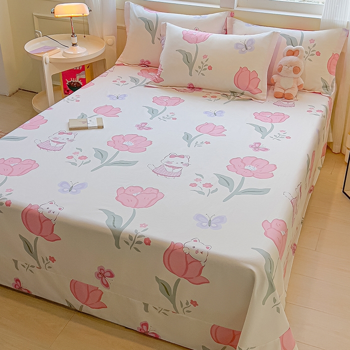 91家纺网 家纺一手货源 找家纺 拾物记 2025新款A类无荧光全喷气全棉12868单床单 花欣猫趣-粉