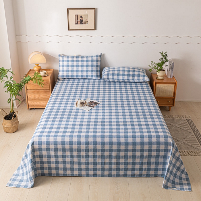 91家纺网 家纺一手货源 找家纺 阿亮家居 2025新款原棉老粗布床单系列 拼图-蓝白格