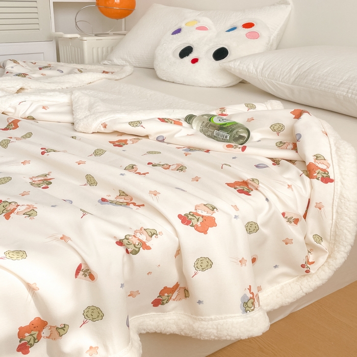 91家纺网 家纺一手货源 找家纺 857家居 2025新款双层针织纱羊羔绒毛毯 梦兔乐宴