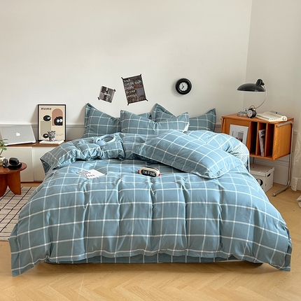 罗菲尼酒店用品 2025新款磨毛亲肤飞边款四件套 优雅蓝格