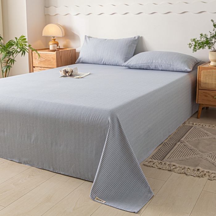 91家纺网 家纺一手货源 找家纺 阿亮家居 2025新款原棉老粗布床单系列 千鸟格-天蓝