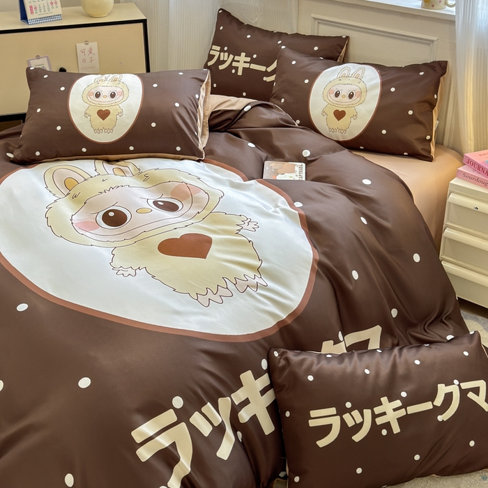 91家纺网 家纺一手货源 找家纺 摩卡（乐趣） 2025新款水洗真丝数码印花卡通兔系列四件套 咖啡兔