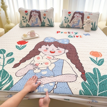 希廷顿 2025新款大版印花乳胶凉席床笠款三件套 花园女孩