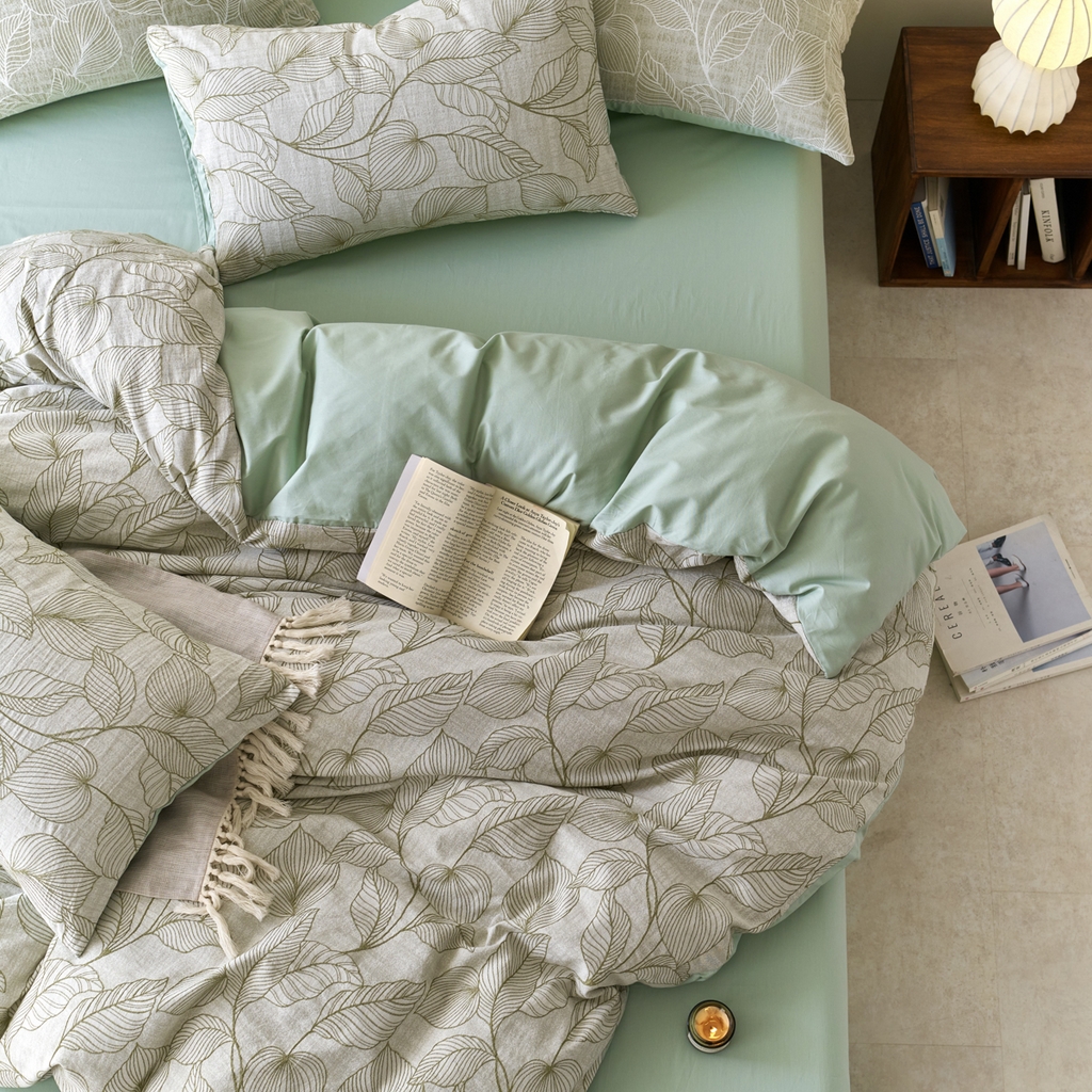 91家纺网 家纺一手货源 找家纺 金丝鸟2025新款全棉纯棉三层纱提花四件套 小叶雨林 绿