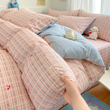 首尔家纺 2025新款全棉印花四件套小清新系列 粉糯蝴蝶结