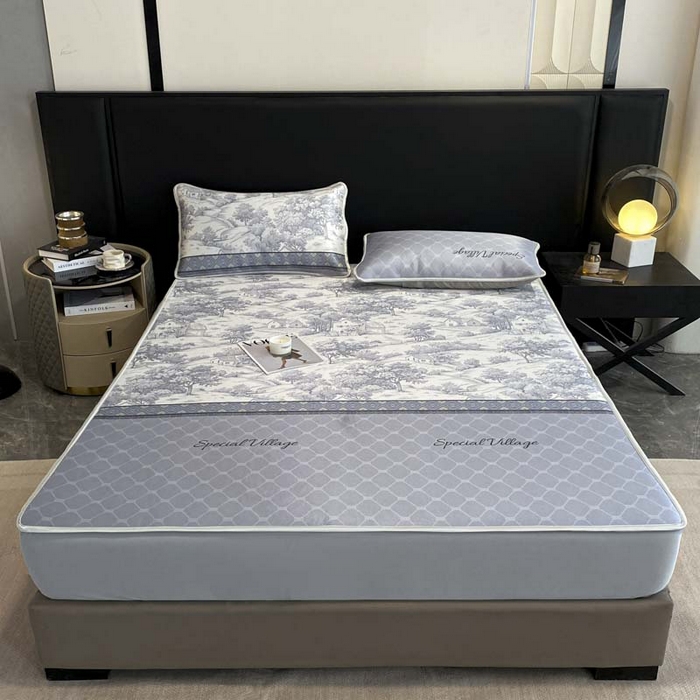 91家纺网 家纺一手货源 找家纺 2025新款印花冰丝凉席反面无纺布 冰丝-床笠款-花海