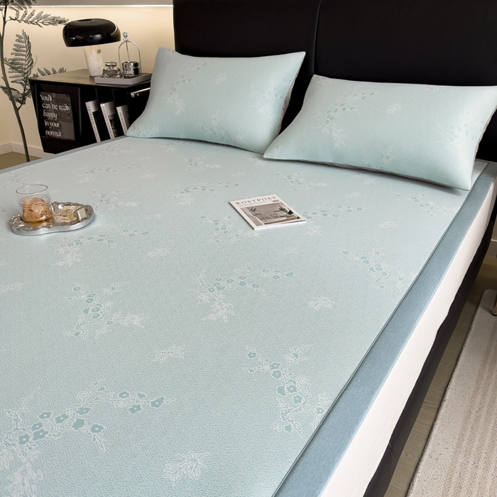 91家纺网 家纺一手货源 找家纺 慕尚家纺 2025春夏新款凉感冰丝提花凉席三件套 提花席 花香蓝