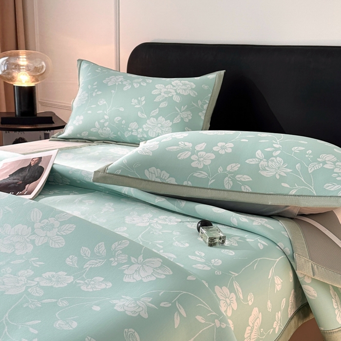 91家纺网 家纺一手货源 找家纺 慕尚家纺 2025春夏新款凉感冰丝提花凉席三件套 花语 绿