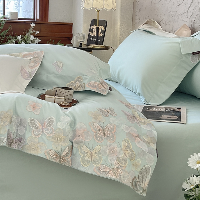 91家纺网 家纺一手货源 找家纺 春夏A类长绒棉夹棉床盖床笠四件套全棉纯棉纯色绗绣四季款保护罩高级感床上用品 茉婉-茶绿