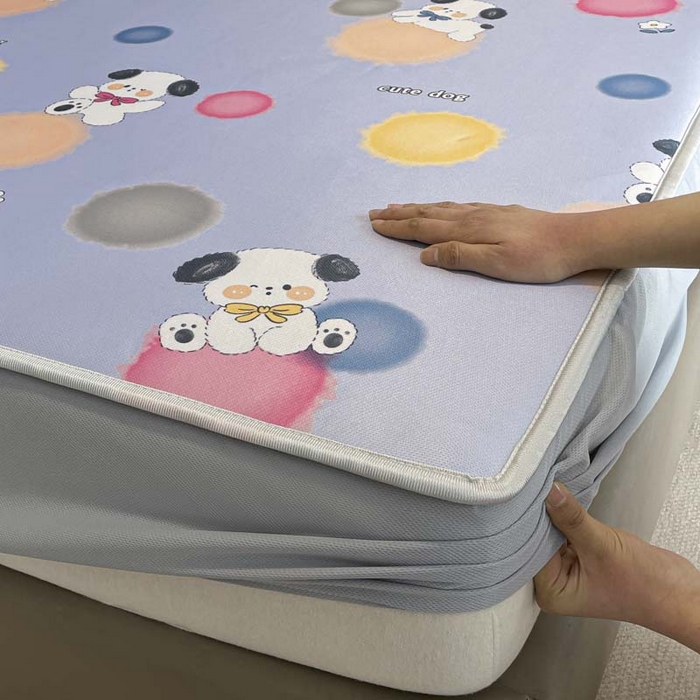 91家纺网 家纺一手货源 找家纺 2025新款印花冰丝凉席反面无纺布 冰丝-床笠款-萌萌犬