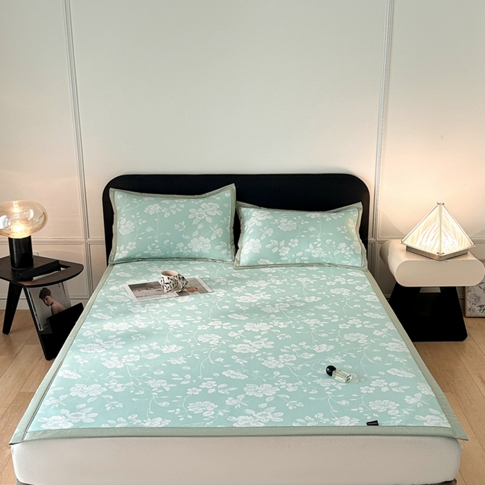 91家纺网 家纺一手货源 找家纺 慕尚家纺 2025春夏新款凉感冰丝提花凉席三件套 花语 绿