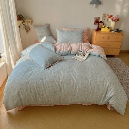 91家纺网 家纺一手货源 找家纺 （总）桃喜 2025双层纱碎花格子蝴蝶结系列四件套（会员-5）