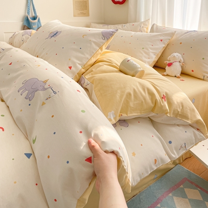 首尔家纺 2025新款全棉印花四件套小清新系列 彩点小象