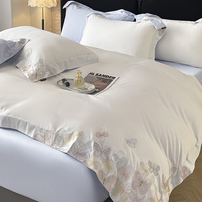 91家纺网 家纺一手货源 找家纺 直播爆款A类100支长绒棉夹棉床盖床笠四件套全棉纯棉床单加厚高端重工刺绣四季款床上用品 茉婉-白蓝