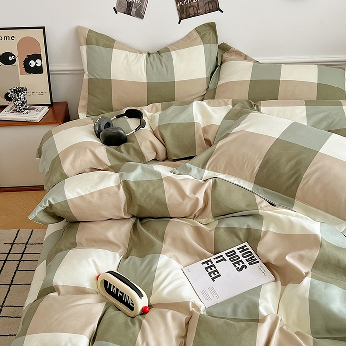 91家纺网 家纺一手货源 找家纺 罗菲尼酒店用品 2025新款磨毛亲肤飞边款四件套 简约绿格