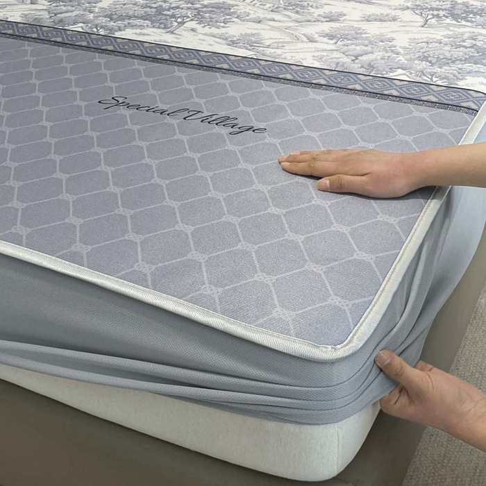 91家纺网 家纺一手货源 找家纺 2025新款印花冰丝凉席反面无纺布 冰丝-床笠款-花海