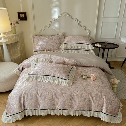 91家纺网 家纺一手货源 找家纺 （总）巧玲珑 2025新款法式蕾丝大花边印花60支进口长绒棉四件套