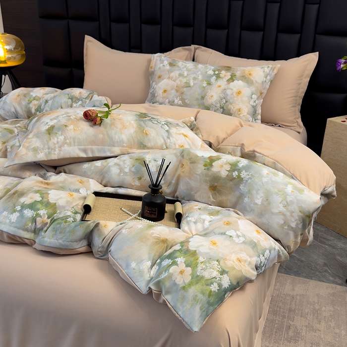 91家纺网 家纺一手货源 找家纺 竹合 2025新款数码印花轻奢凉感四件套 虞美人咖