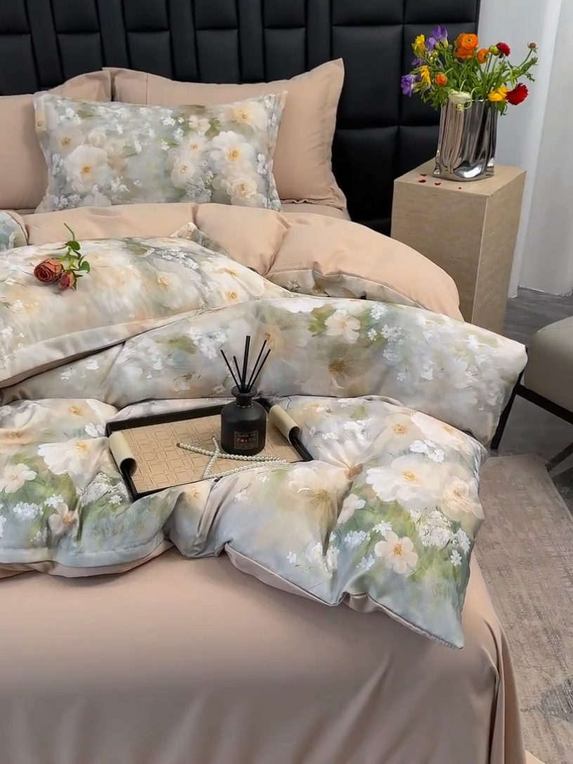 91家纺网 家纺一手货源 找家纺 竹合 2025新款数码印花轻奢凉感四件套 虞美人咖