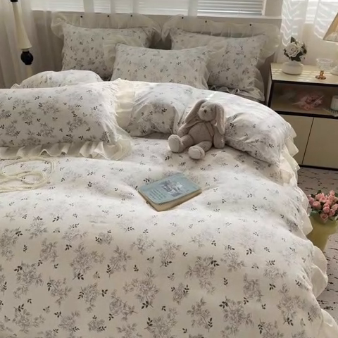 91家纺网 家纺一手货源 找家纺 芯贝儿 2025新款提花针织水洗m双层纱床盖四件套 漫塔玫瑰