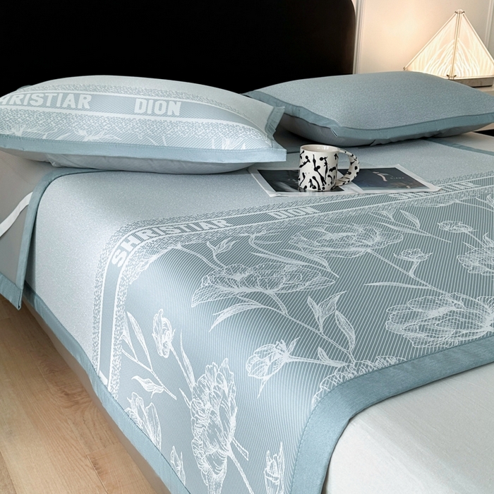 91家纺网 家纺一手货源 找家纺 慕尚家纺 2025春夏新款凉感冰丝提花凉席三件套 水仙 蓝