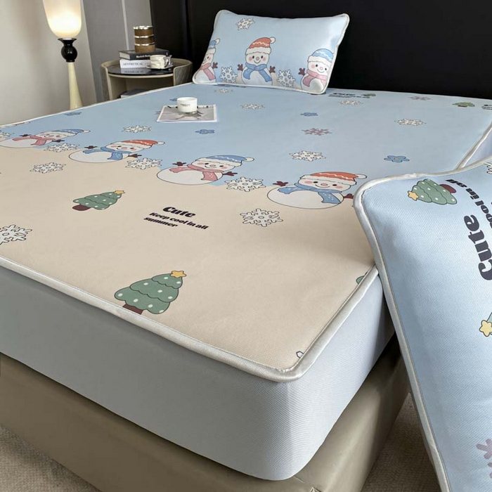 91家纺网 家纺一手货源 找家纺 2025新款印花冰丝凉席反面无纺布 冰丝-床笠款-心愿树