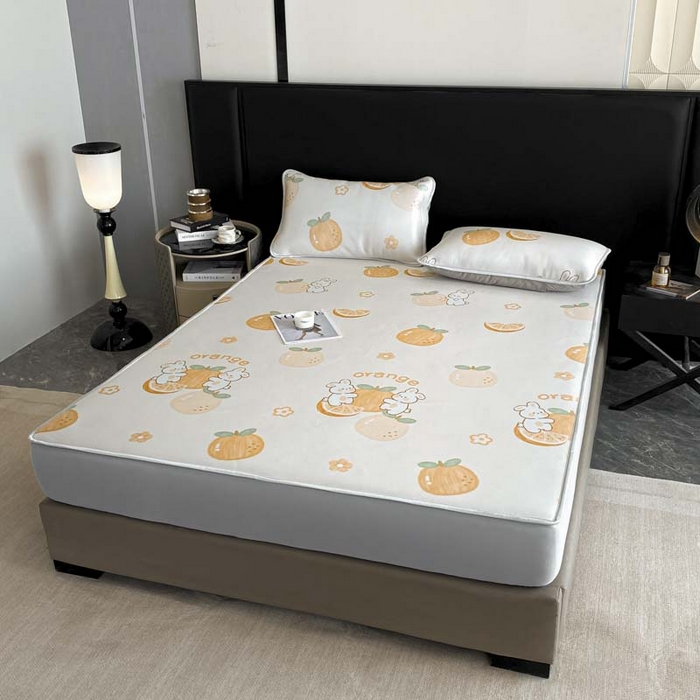 91家纺网 家纺一手货源 找家纺 2025新款印花冰丝凉席反面无纺布 冰丝-床笠款-橙子兔