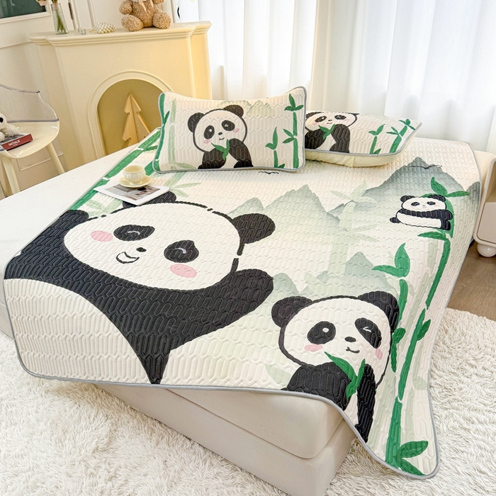 91家纺网 家纺一手货源 找家纺 希廷顿 2025新款大版印花乳胶凉席三件套 熊有成竹